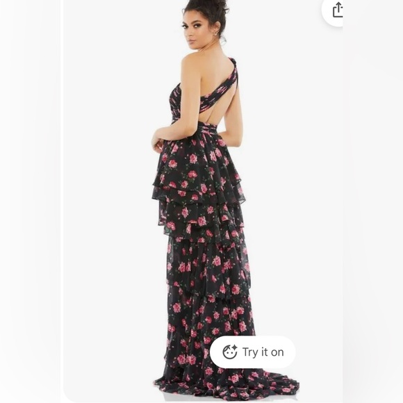 Mac Duggal One Shoulder Black and Pink Floral Dress NWT SZ 2 - Picture 3 of 3